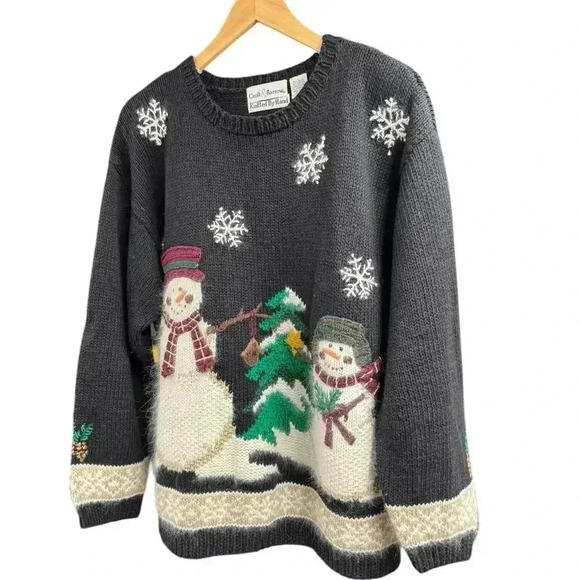Croft & Barrow Hand Knitted Black With Muti color Snowman Sweater Size Large - Picture 2 of 16